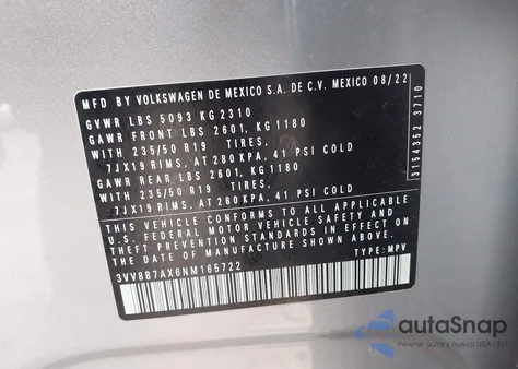 2022 Volkswagen Tiguan 2.0T Se R-Line Black from USA, damaged, VIN 3VV8B7AX6NM165722